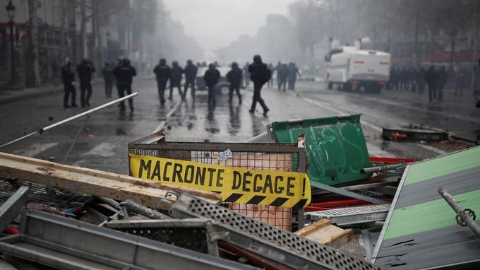 A barricade is seen during a "Yellow vest" protest against higher fuel prices in Paris